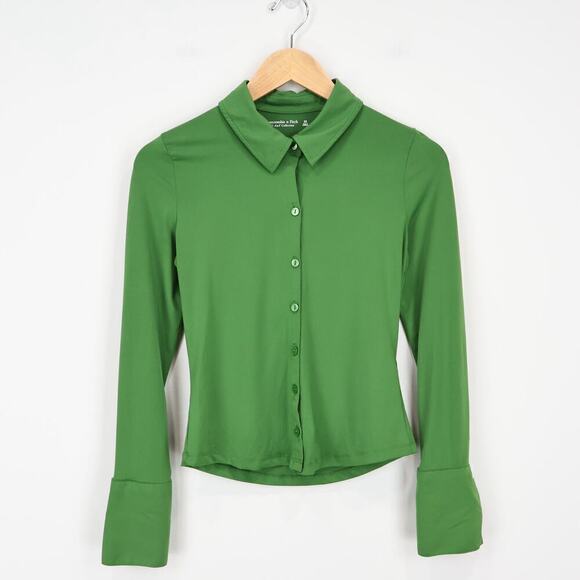 Abercrombie & Fitch Soft A&F Slinky Slim Jersey Button Down Shirt Green Size XS - Picture 2 of 8